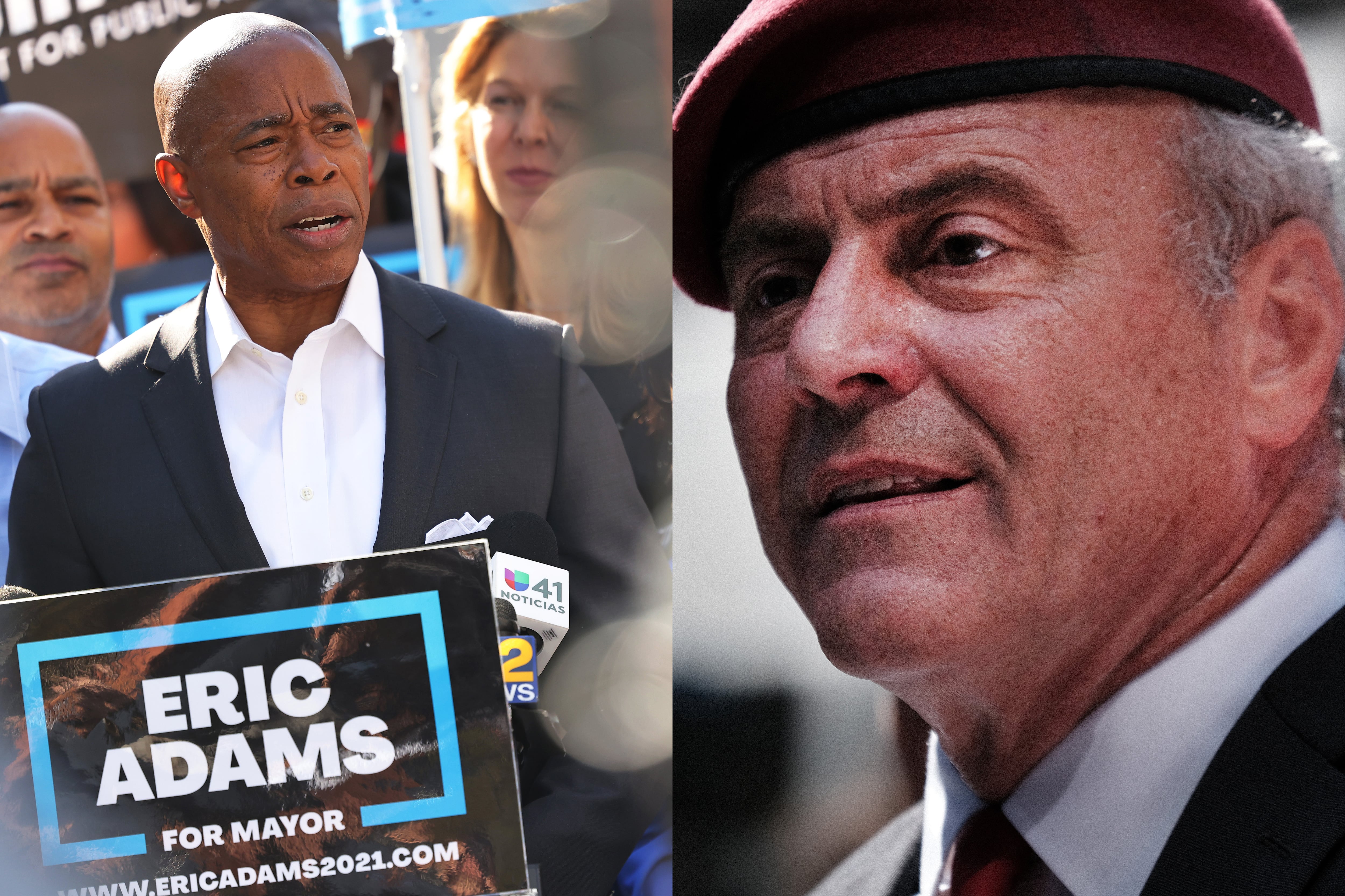 (Left) Eric Adams speaks during a rally, at a podium that reads “Eric Adams For Mayor”. He is surrounded by supporters. (Right) Curtis Sliwa talks to supporters and media in Times Square, wearing his signature red beret.
