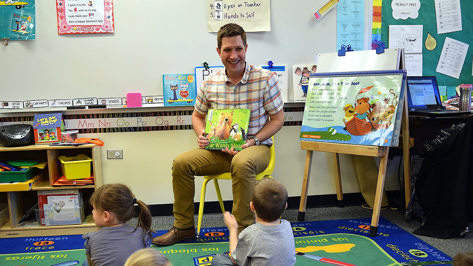 Dan Haught, a speech-language pathologist at Mesa Elementary School in Westminster Public Schools, with children in a preschool classroom.