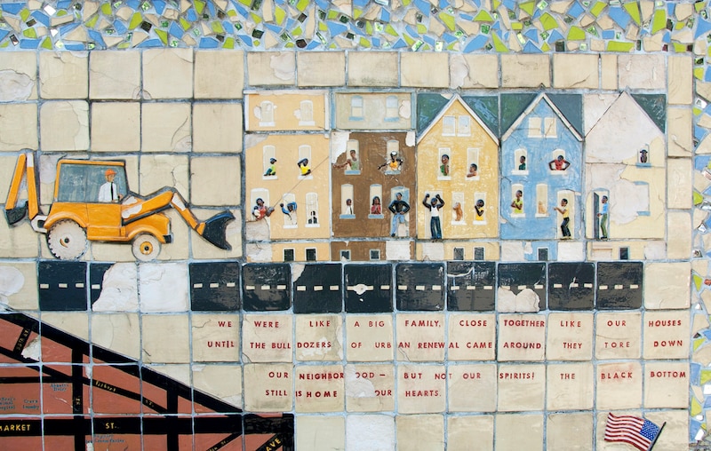 A photograph of a mixed tile mural.