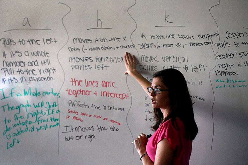 A female teacher in a pink shirt points to a math problem on a white board.