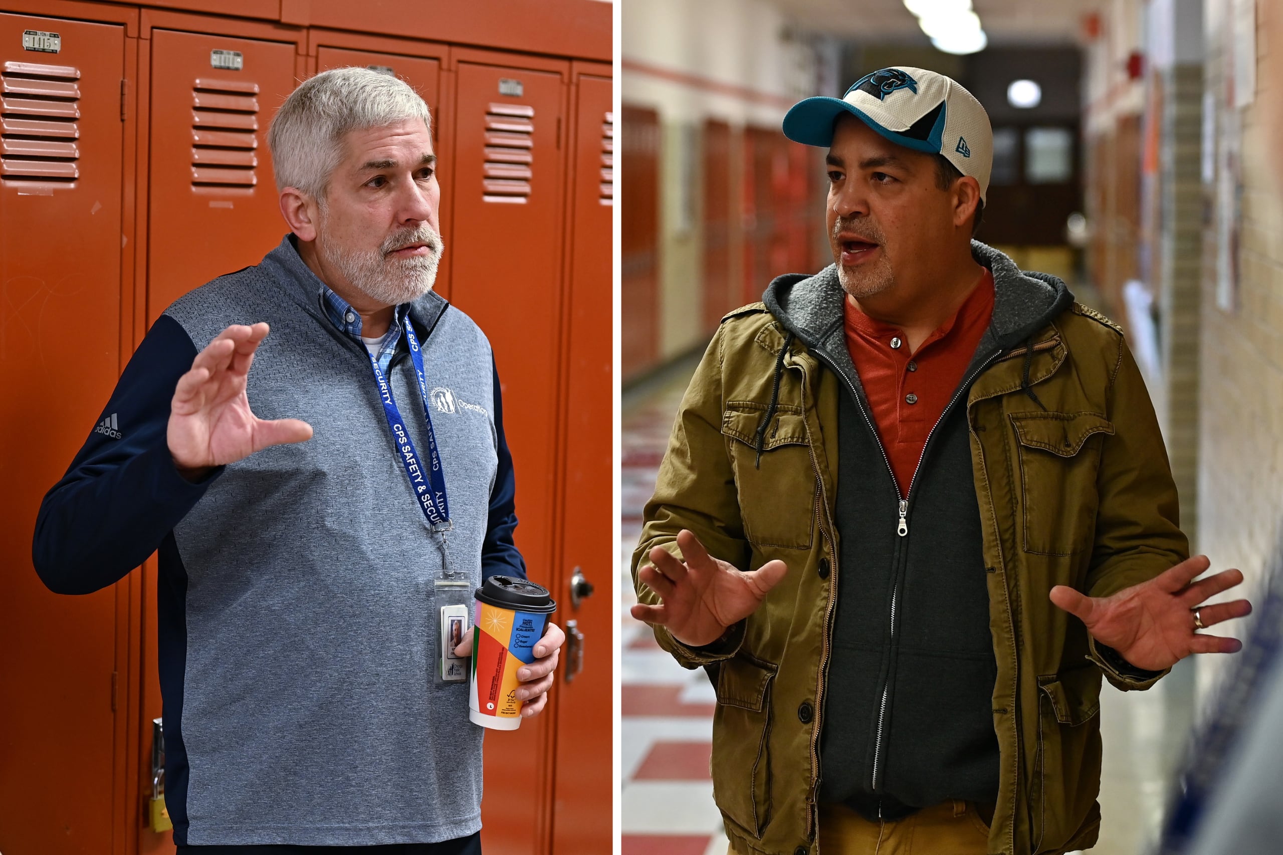 On the left a man with white hair wearing a blue zip sweater stands in front of a red locker. On the right a man wearing an olive jacket, a zip gray sweatshirt and a red shirt and a white hand stands in a hallway.