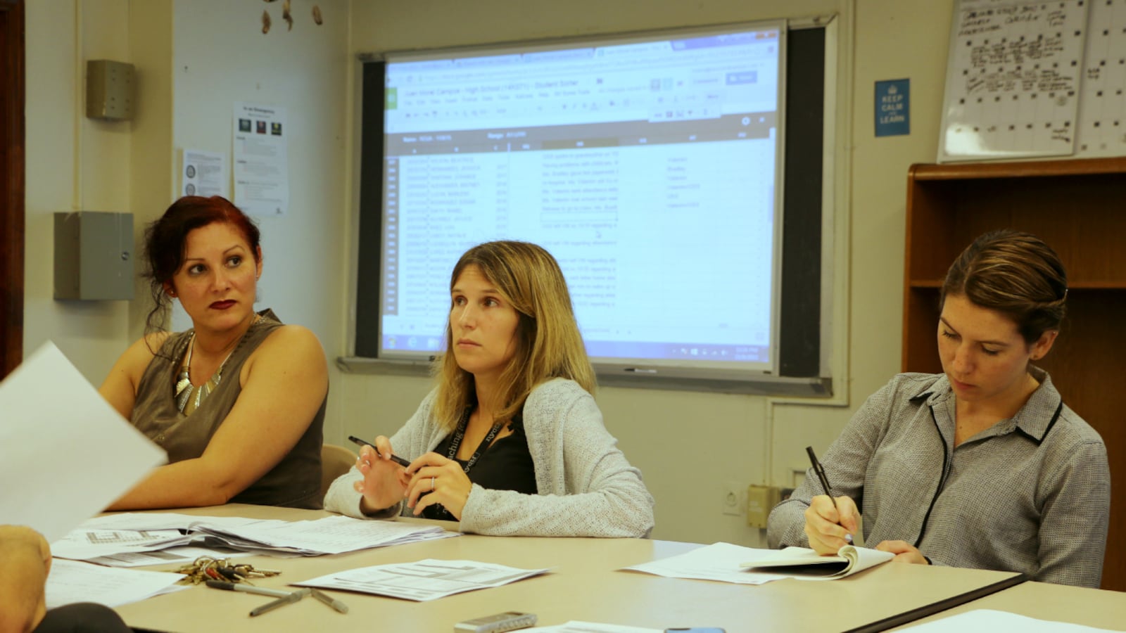 The attendance team at Juan Morel Campos Secondary School projected a new student-data tool onto a white board at a recent meeting.
