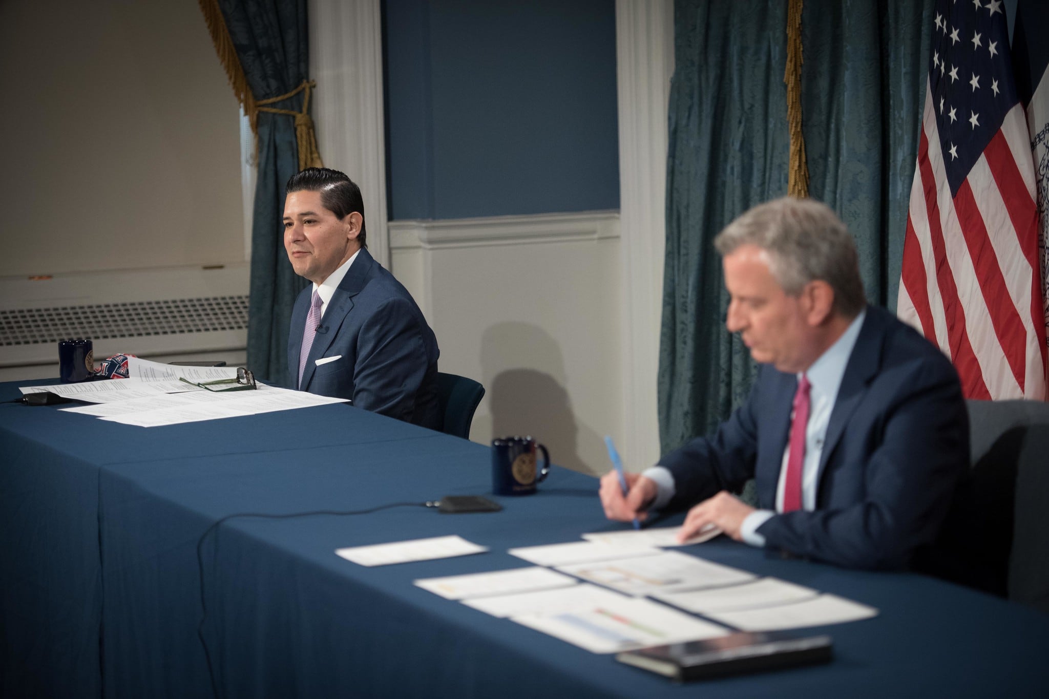 Schools Chancellor Richard Carranza (left) and Mayor Bill de Blasio answer questions about summer school during a press conference at City Hall.