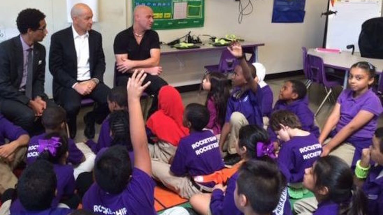 Tennis star and charter supporter Andre Agassi fields questions from fourth-graders last week at a Nashville charter school opened this fall by Rocketship. The California-based charter network has appealed a decision by Nashville's school board denying its request for further expansion.