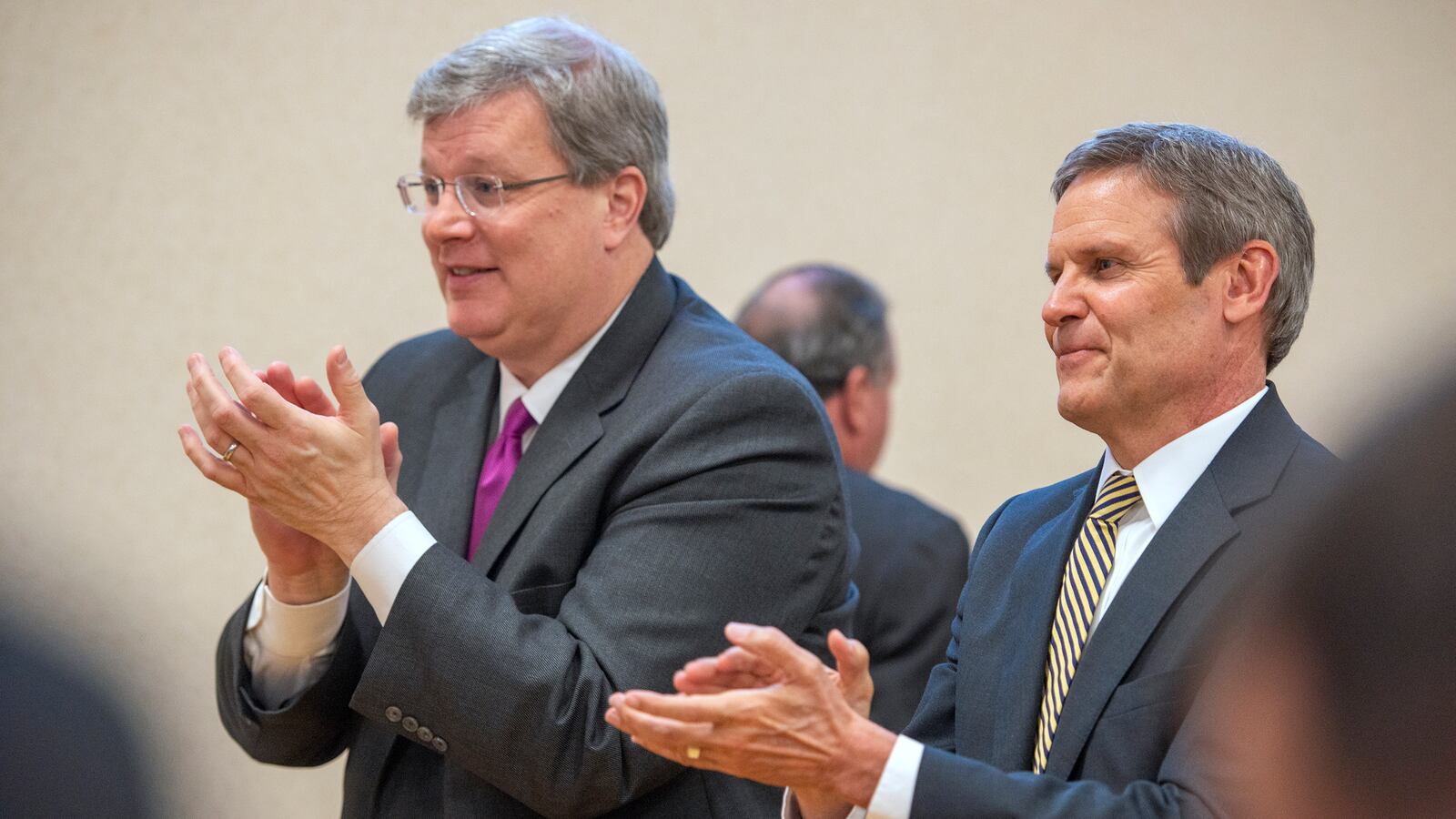 Memphis Mayor Jim Strickland, left, and Gov. Bill Lee during a ceremony in Memphis introducing a new certification program for construction jobs for Shelby County Schools students.