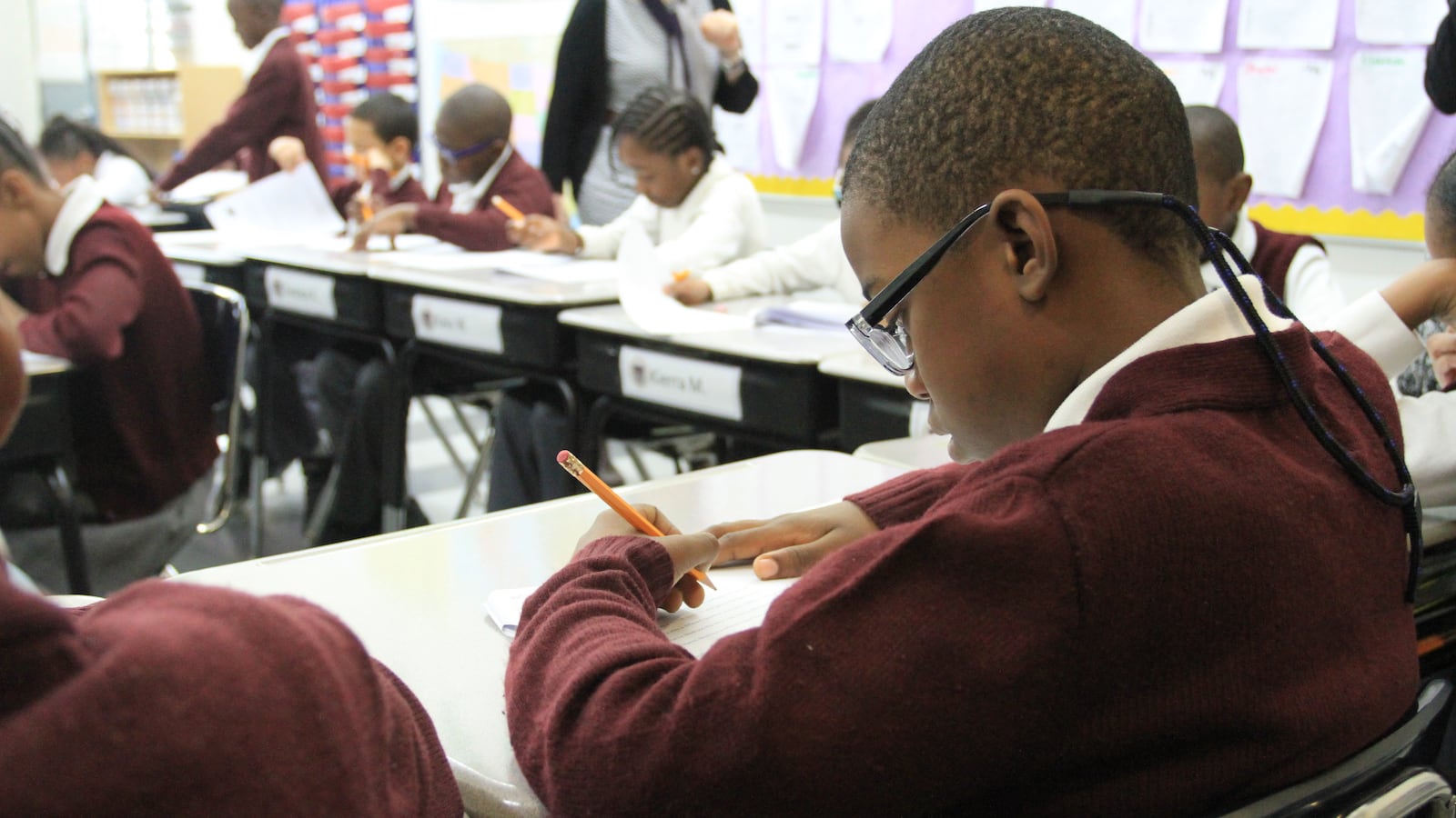 A fourth-grade student does test-prep in his English class at Brownsville Ascend Lower Charter School in Brooklyn.