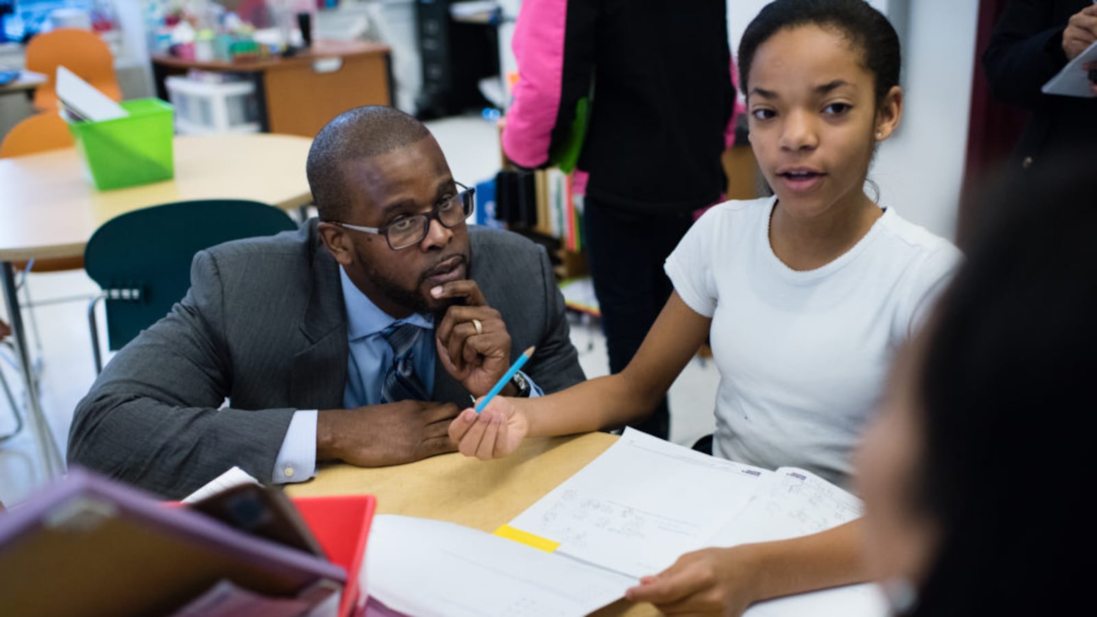 Antwan Wilson visits a fifth grade math class at the Brightwood Education Campus in Washington on his first day as D.C. schools chancellor. (Photo by Sarah L. Voisin/The Washington Post via Getty Images)