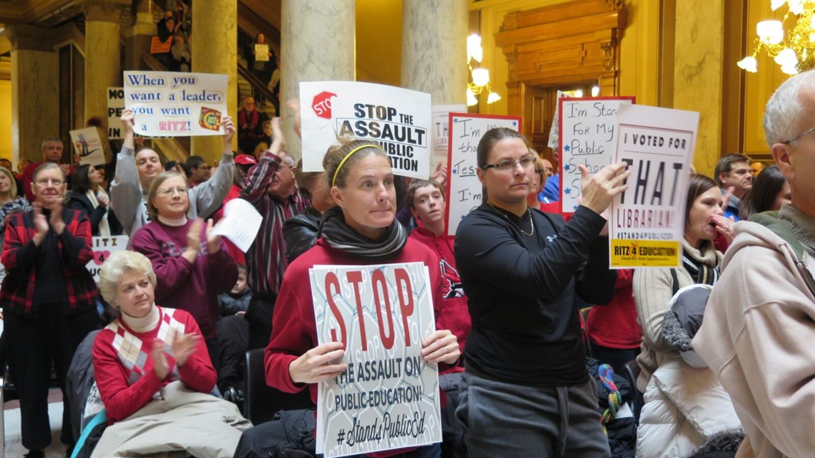 Protesters, led by teachers union, demonstrate in 2015 against changes to Indiana laws.