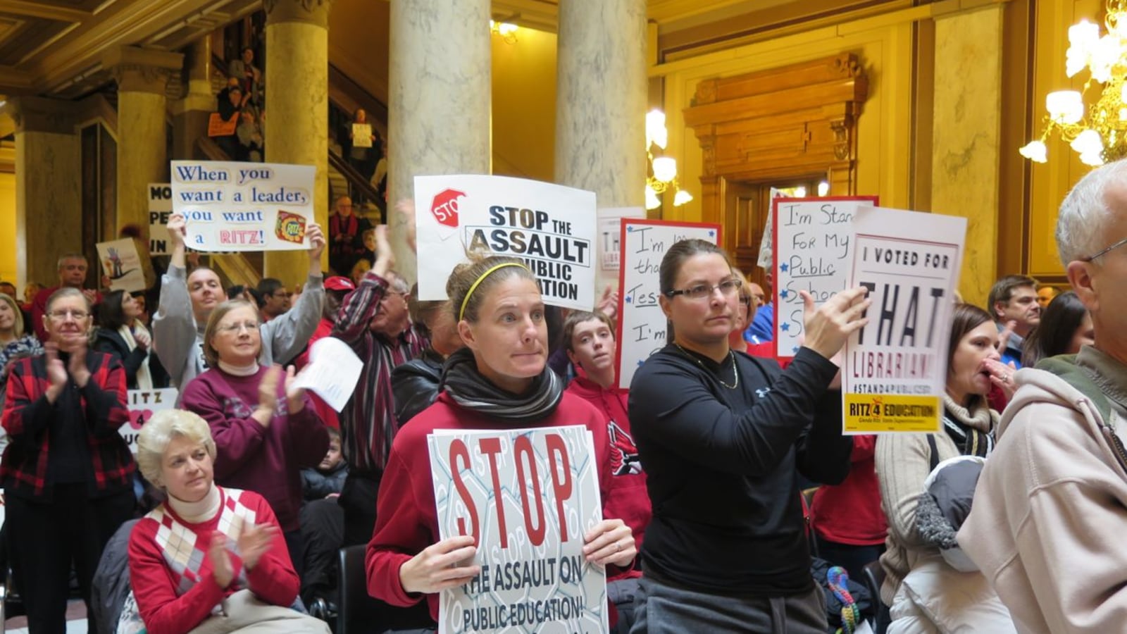 Protesters, led by teachers union, demonstrate in 2015 against changes to Indiana laws.