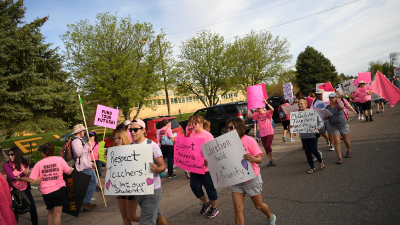 Teachers and supporters strike in Pueblo, Colorado, earlier this year. Pueblo is one of the few Colorado teachers unions that collects fees similar to those at issue in the Janus case. (Photo by RJ Sangosti/The Denver Post)