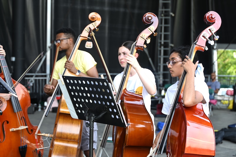 A photograph of three students standing in a line playing standup bass.