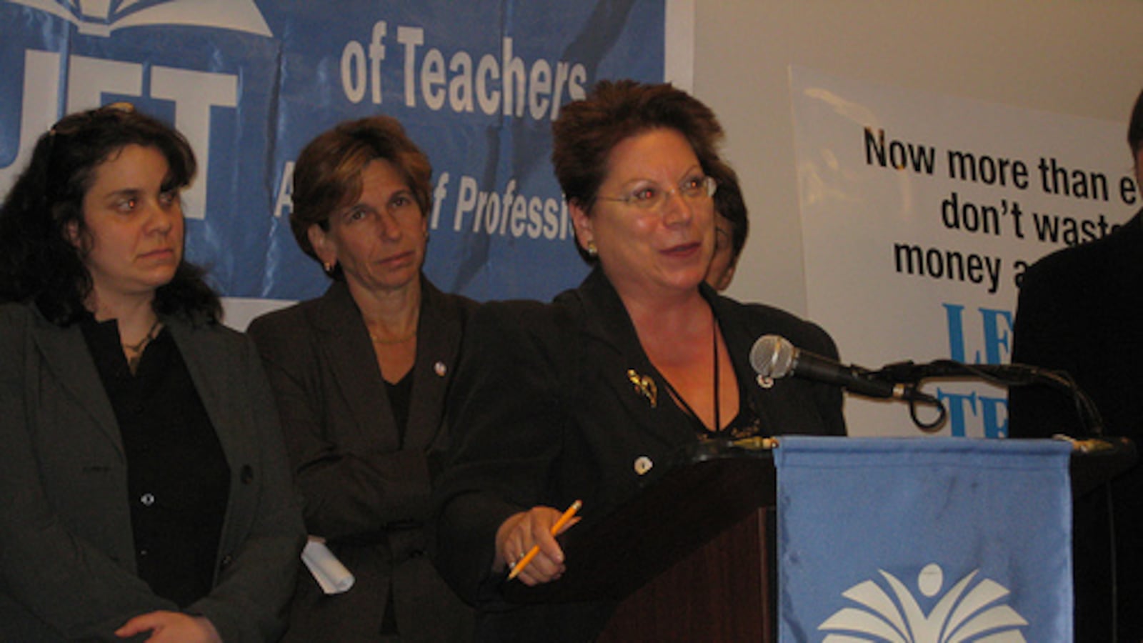 Members of the Absent Teacher Reserve pool who did extensive job searches spoke at a press conference with then teachers union President Randi Weingarten at the start of the school year in 2009. (GothamSchools)