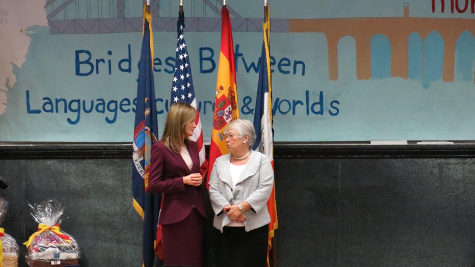 Queen Letizia of Spain speaks with Schools Chancellor Carmen Fariña at Dos Puentes Elementary School.
