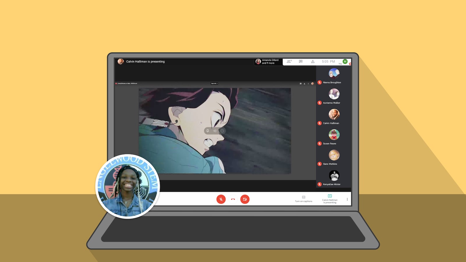 Illustration of a laptop screen showing an anime club meeting over zoom.