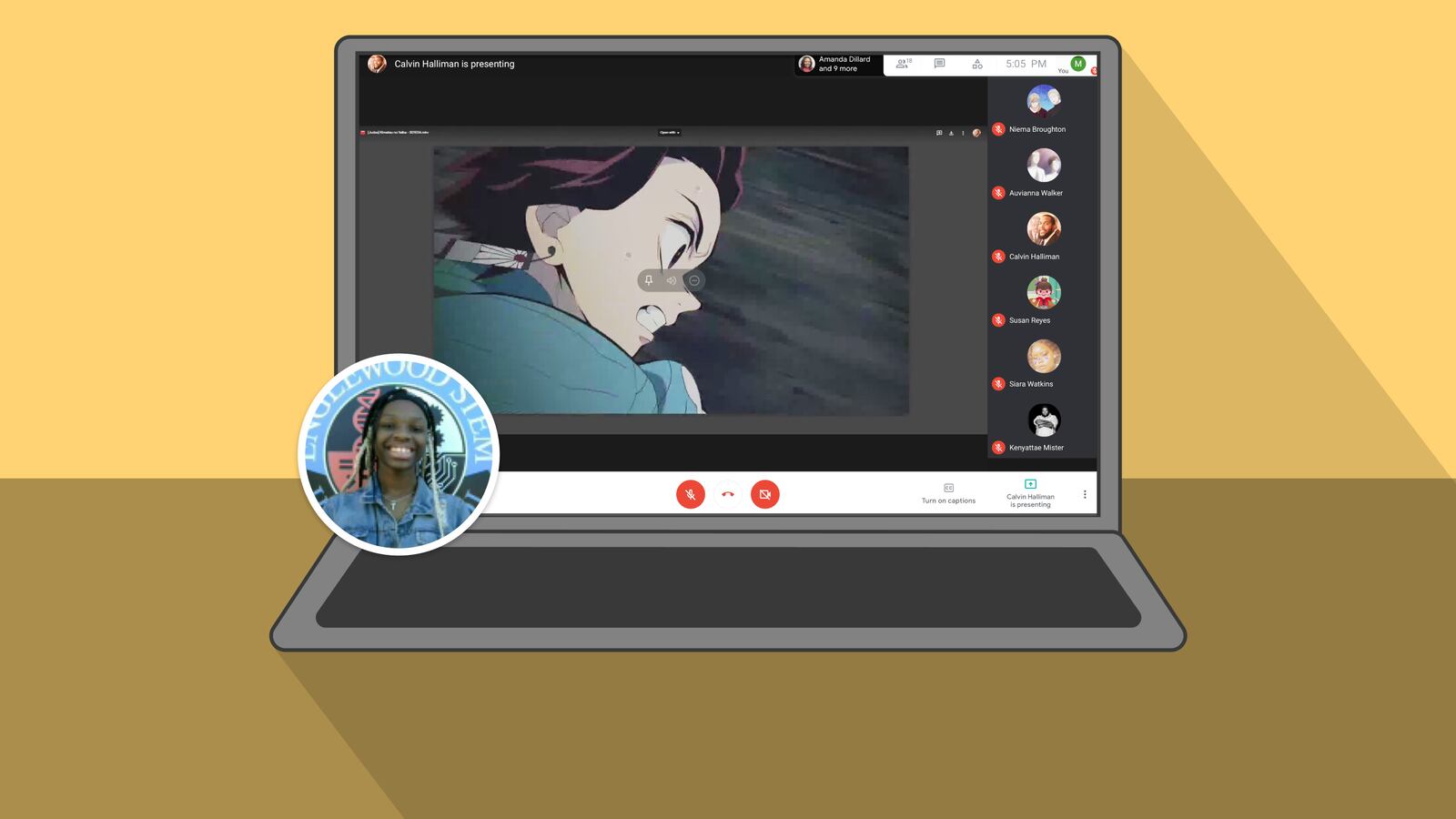Illustration of a laptop screen showing an anime club meeting over zoom.