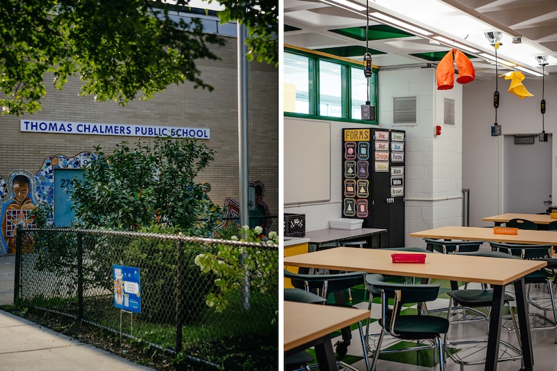 A diptych of two photographs, the one on the left is a view of the front entrance of a school building with green shrubs. The image on the right is a view of an empty classroom.