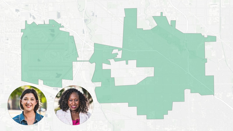 Two circular portraits on a green, white and grey map.