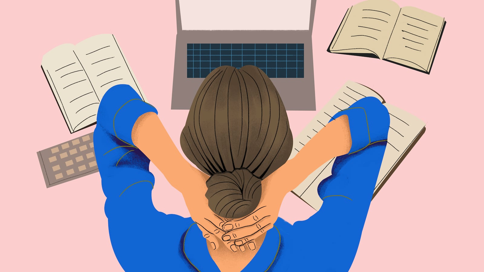 Illustration of a woman wearing a blue shirt sitting at her laptop computer. The background is pink.