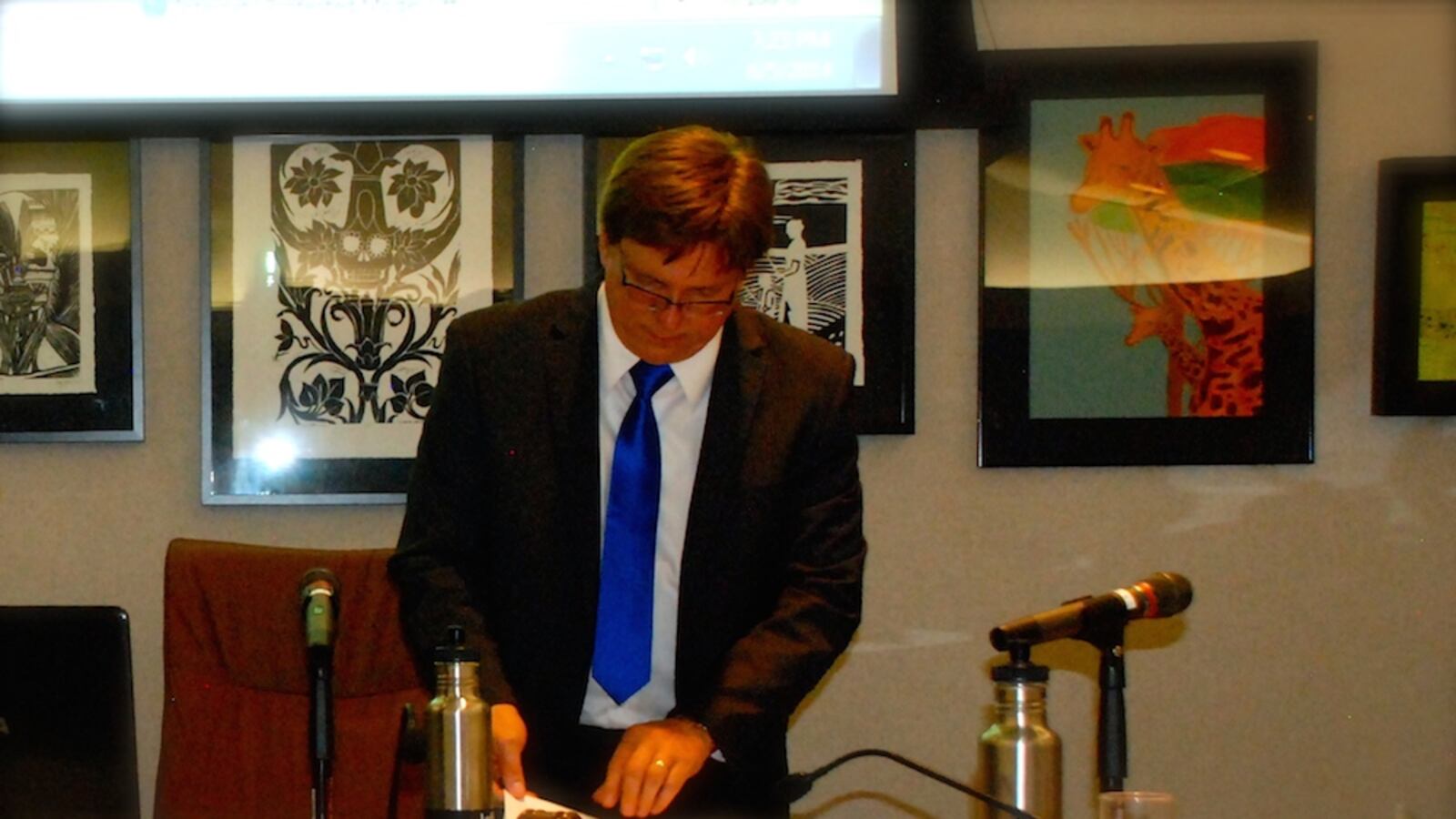 Jeffco board chairman Ken Witt prepares for the rest of the school board's June 5 meeting during a recess.