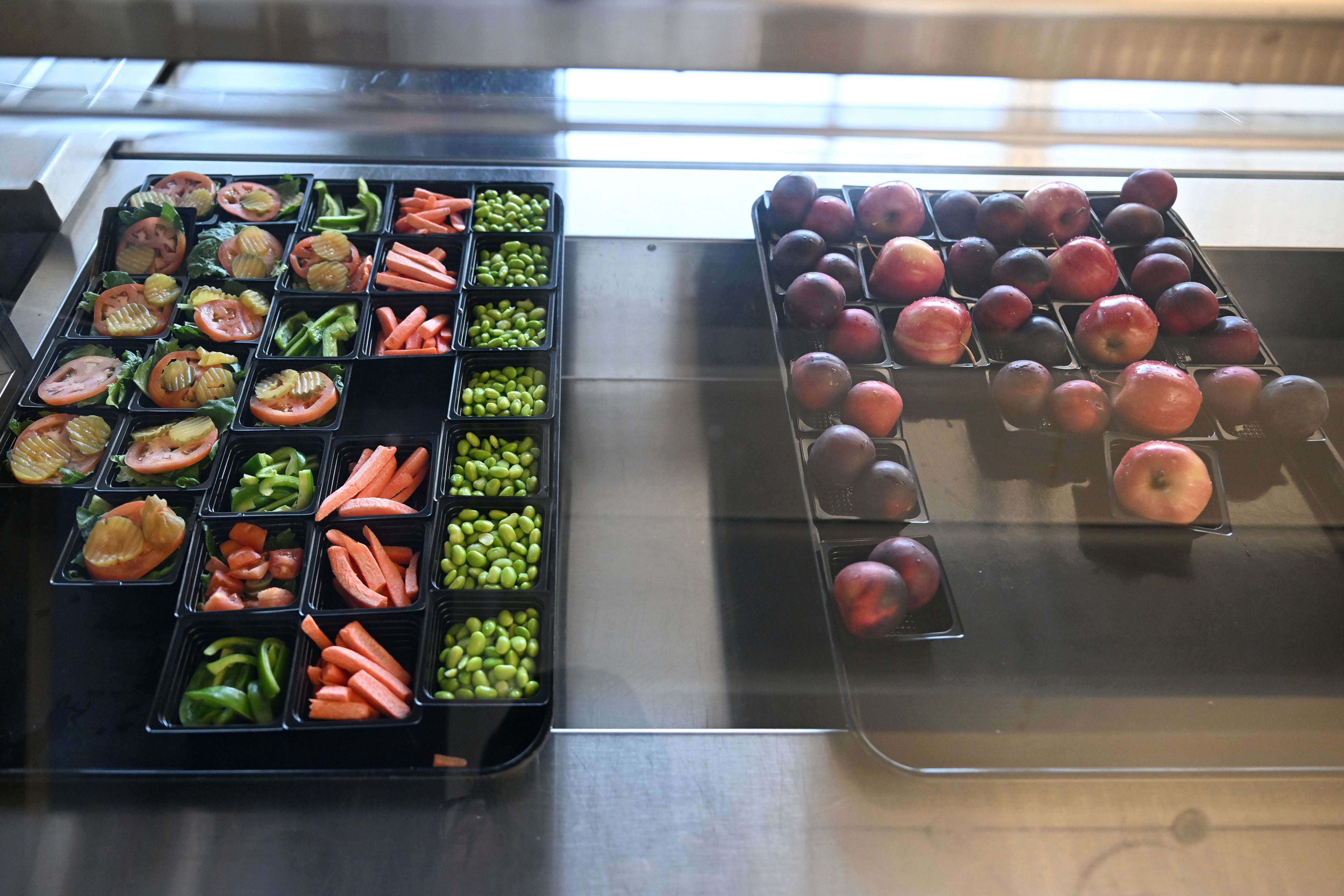 An aerial view of food in a school cafeteria.