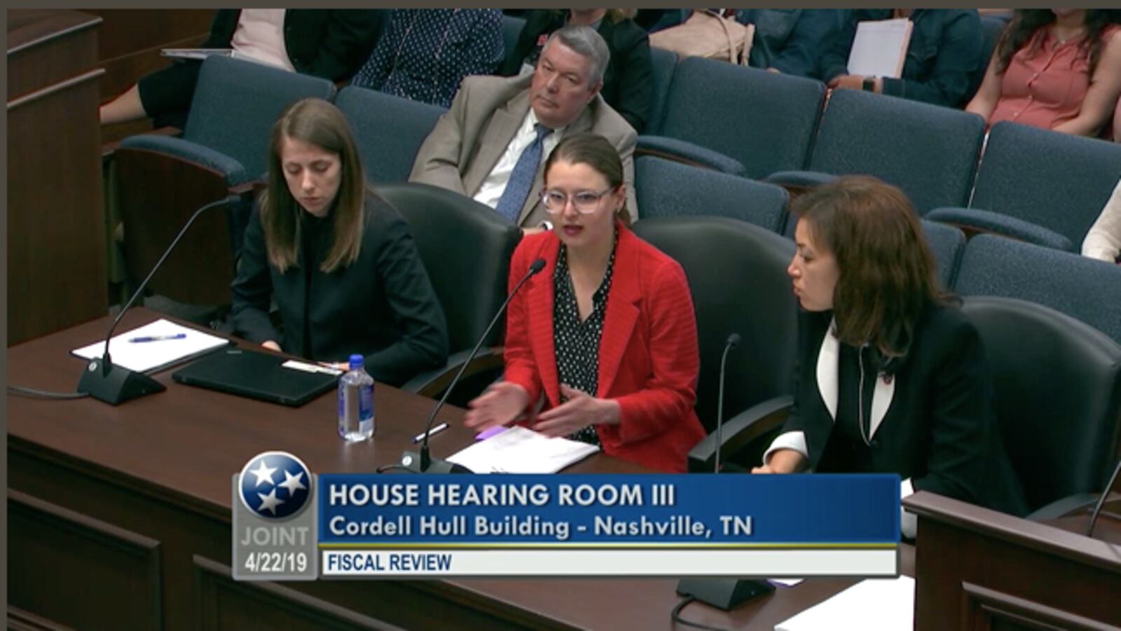 Tennessee education policy director Aleah Guthrie, assistant general counsel Joanna Collins and education commissioner Penny Schwinn address members of the legislature's joint Fiscal Review committee regarding the recent Tennessee Early  Intervention Services grant awards.