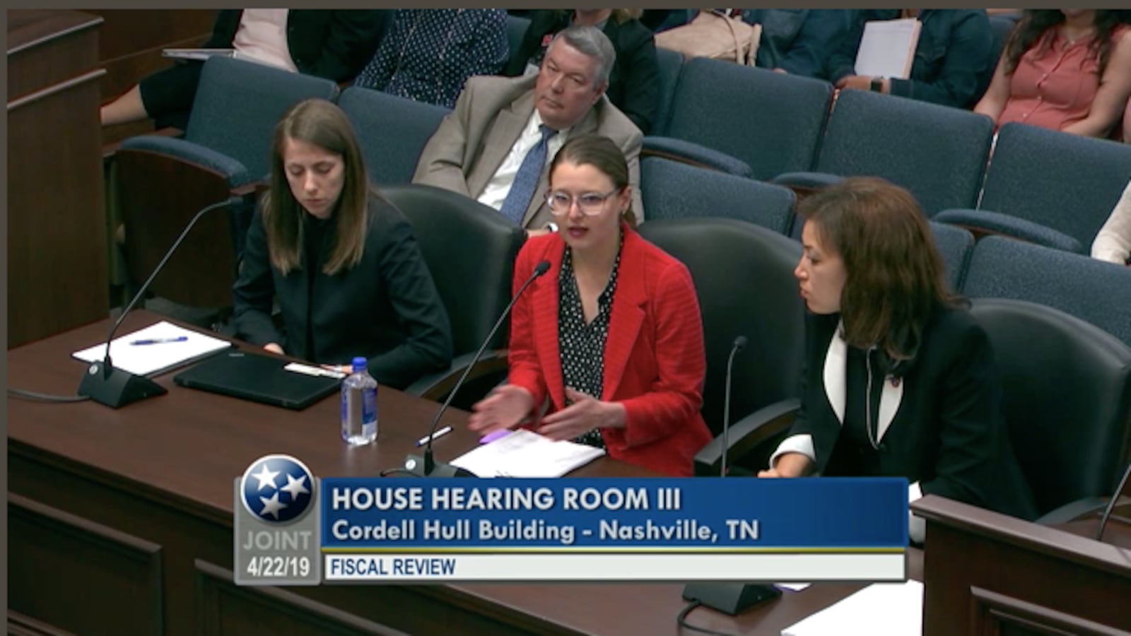 Tennessee education policy director Aleah Guthrie, assistant general counsel Joanna Collins and education commissioner Penny Schwinn address members of the legislature's joint Fiscal Review committee regarding the recent Tennessee Early  Intervention Services grant awards.