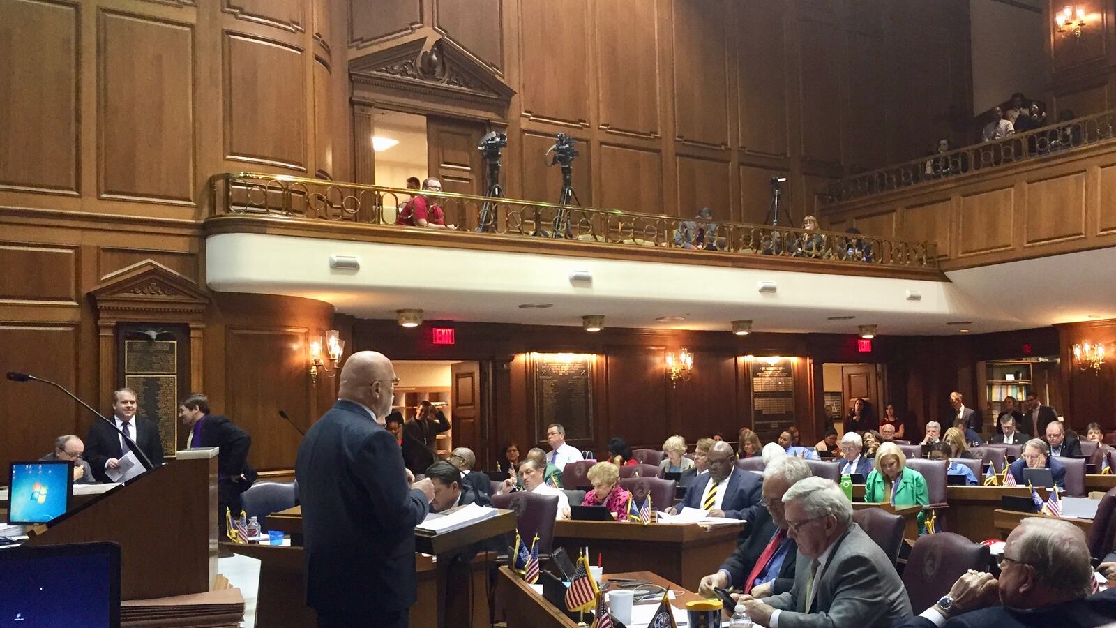 Rep. Tim Brown, chairman of the House Ways & Means Committee, presents on the budget bill to House lawmakers on Friday.