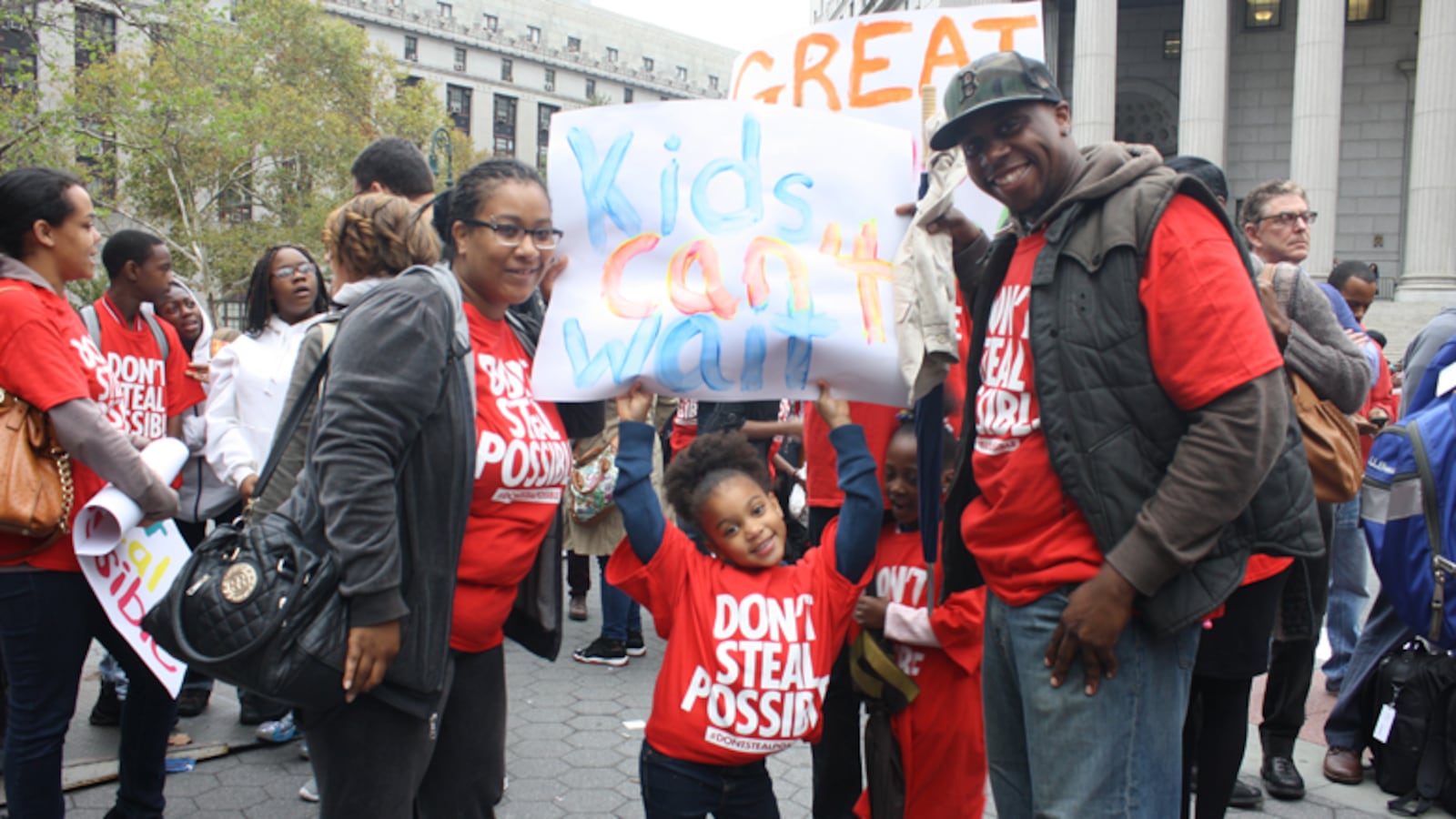 Azjure Bell, 5, attends Springfield Gardes Success Academy in Queens. She went to the charter rally with Anthony Bell and Davina Thompson.