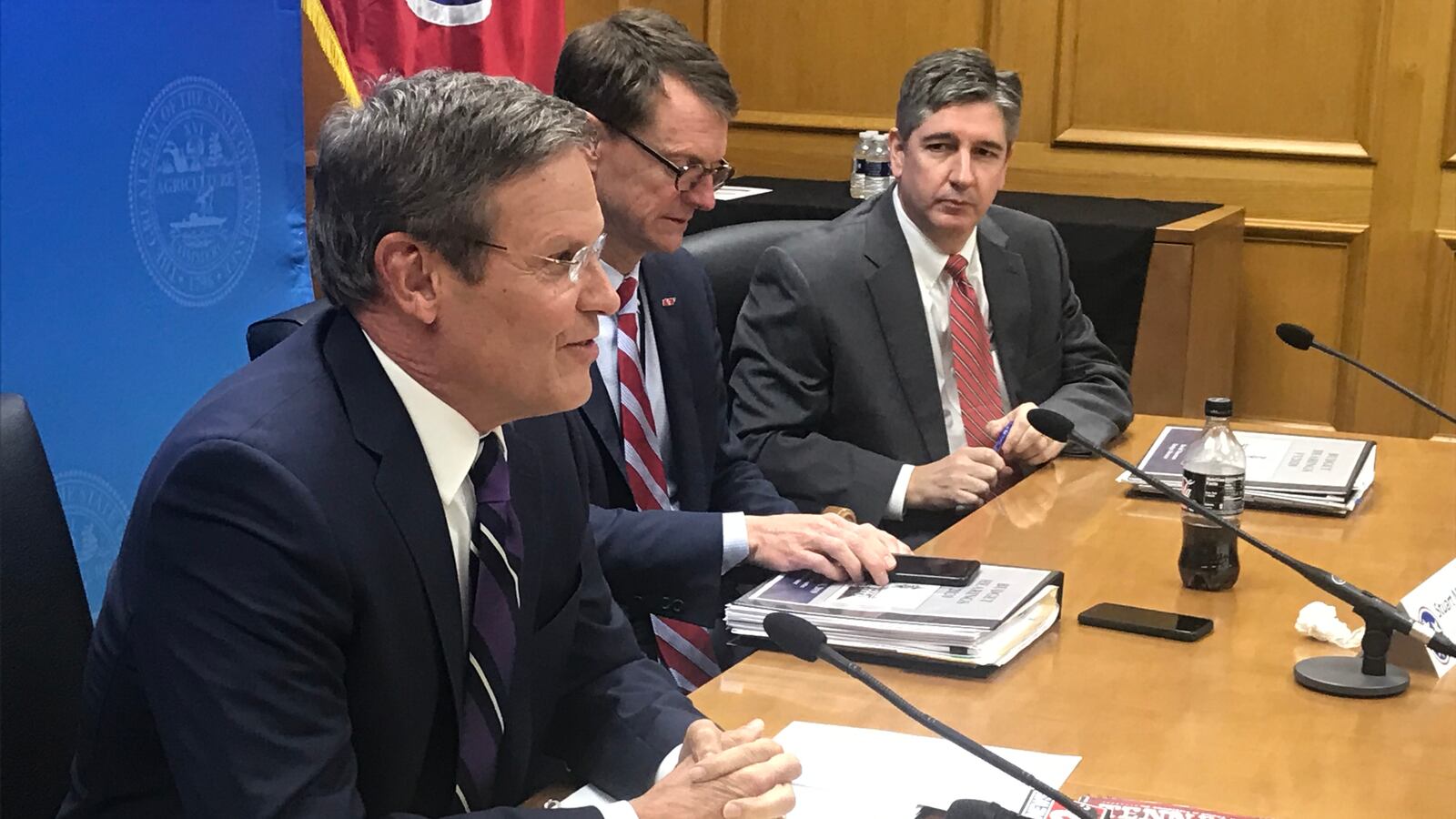 Gov. Bill Lee (left) leads budget hearings on Monday at the state Capitol. The Republican businessman, who took office on Jan. 19, expects to complete his first proposed spending plan in early February.