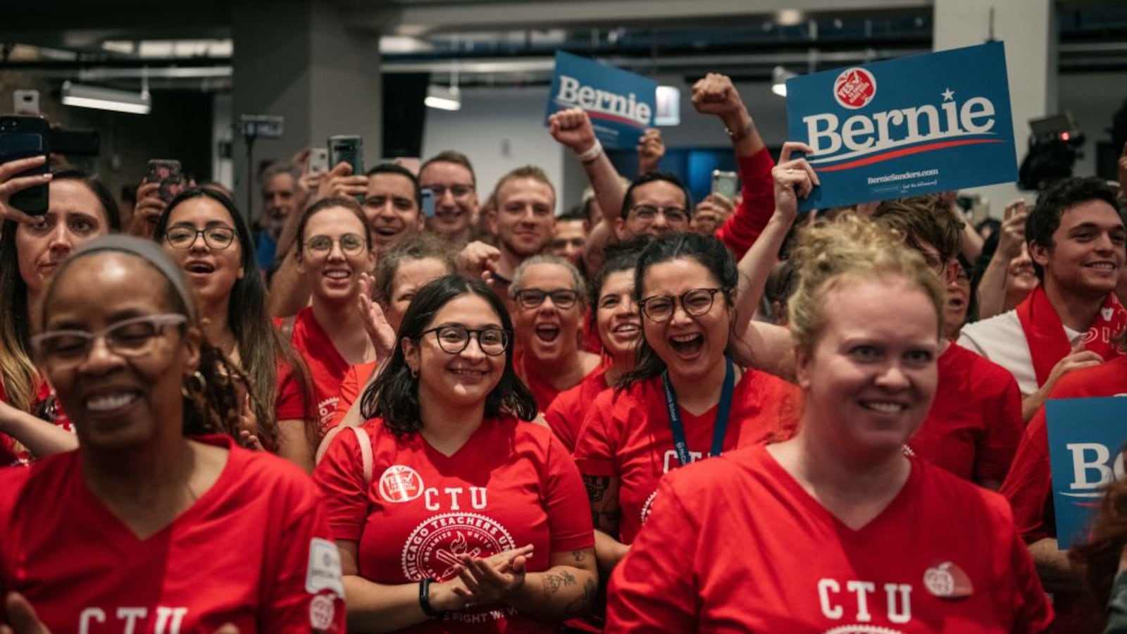 CHICAGO, IL - SEPTEMBER 24: Supporters cheer for Democratic presidential candidate Sen. Bernie Sanders (I-VT) speak at a rally in support of the Chicago Teachers Union ahead of an upcoming potential strike.