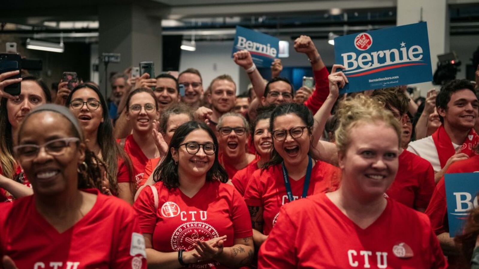 CHICAGO, IL - SEPTEMBER 24: Supporters cheer for Democratic presidential candidate Sen. Bernie Sanders (I-VT) speak at a rally in support of the Chicago Teachers Union ahead of an upcoming potential strike.