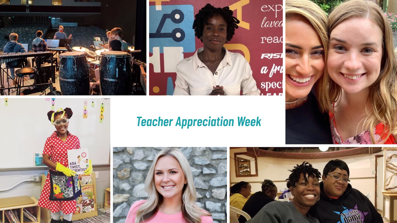 A grid of photos featuring six teachers being celebrated for Teacher Appreciation Week.