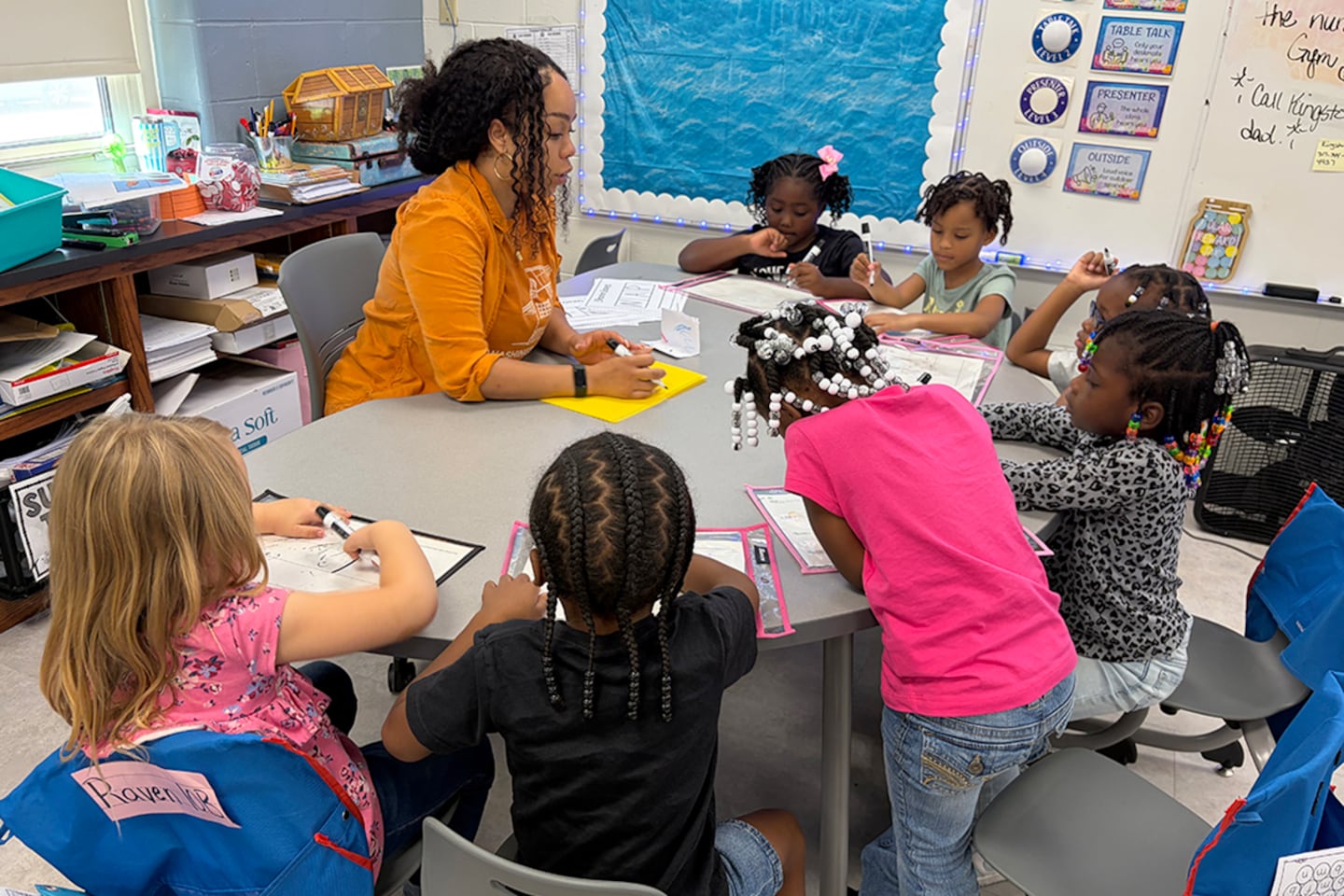 Kindergarten students at Washington Irving Neighborhood School 14 in Indianapolis practice writing with Deidre Blackwell on Wednesday, Sept. 2, 2026 as part of their literacy lesson.