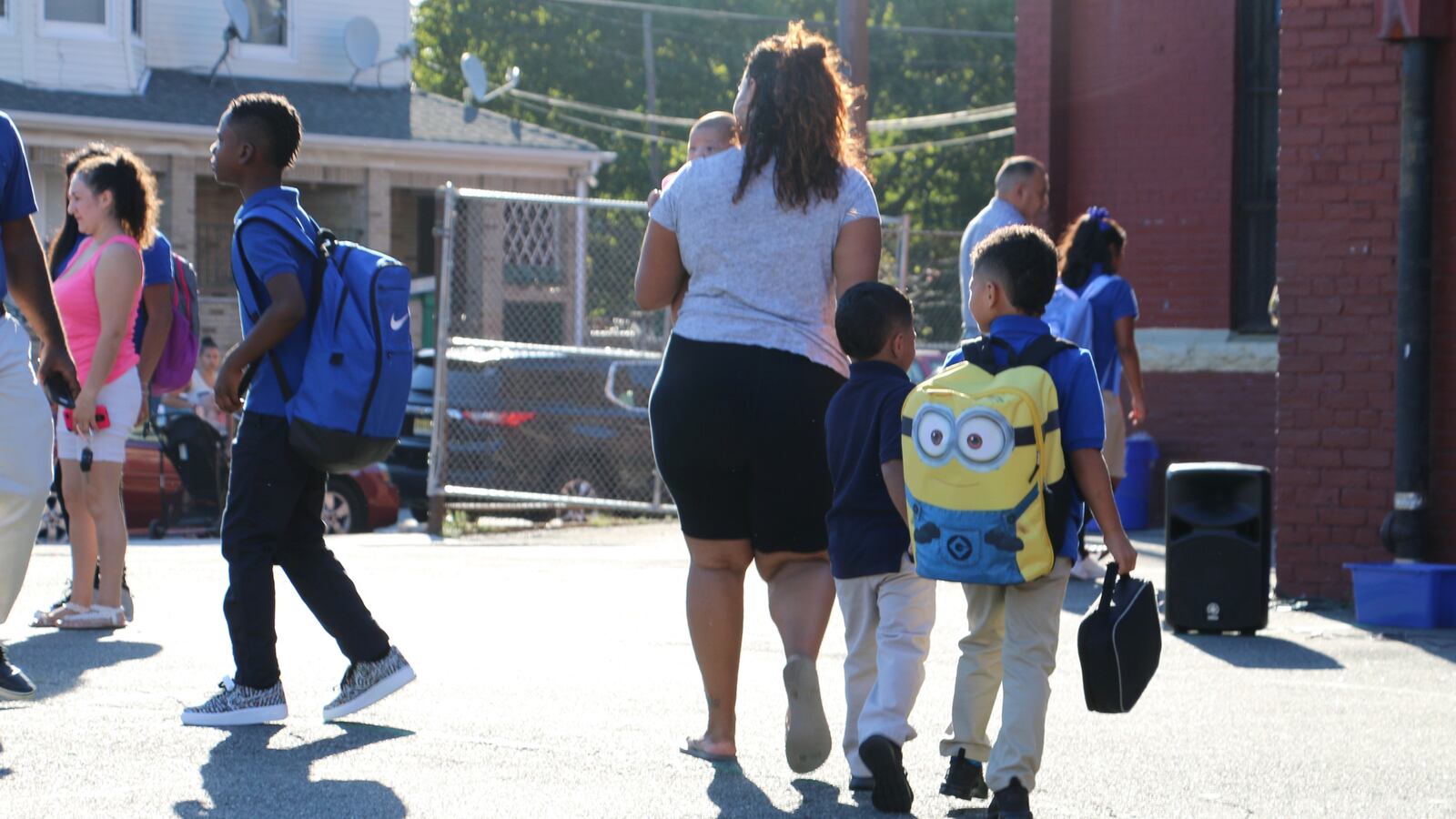 Newark students arriving at a district school on the first day of class.
