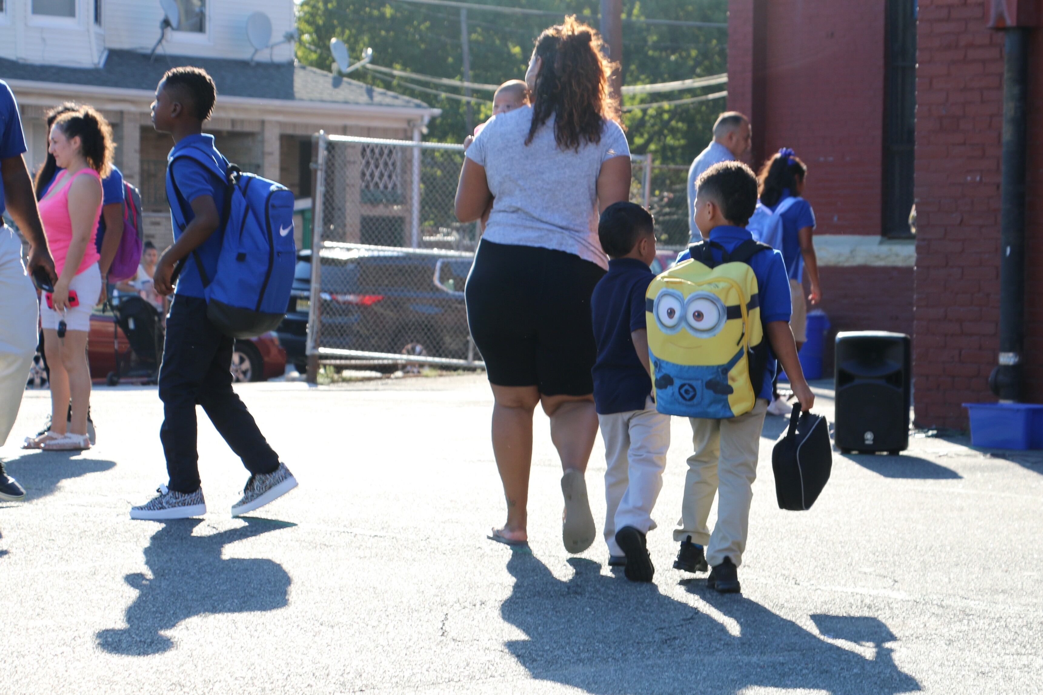 Newark students arriving at a district school on the first day of class.