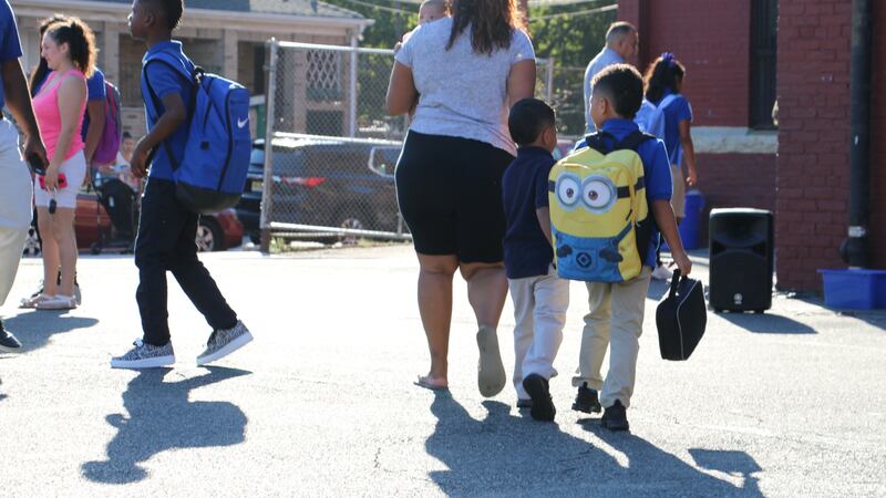 Newark students arriving at a district school on the first day of class.