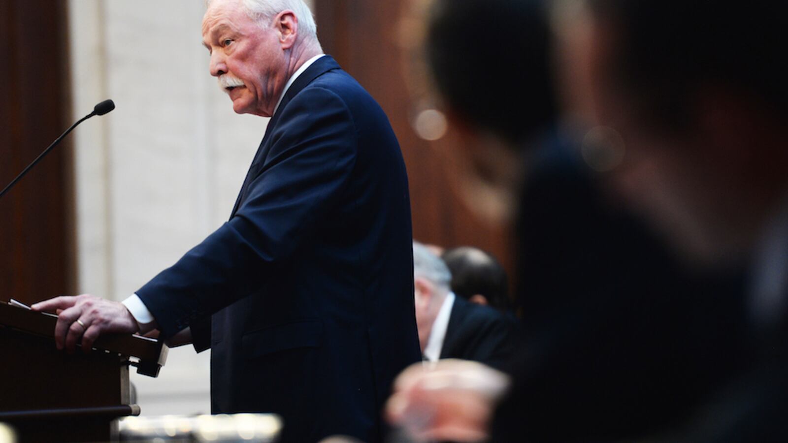 James Lyons, representing the Douglas County School District, speaks during oral arguments at the Colorado Supreme Court in the Douglas County vouchers case. (Photo by RJ Sangosti/The Denver Post)
