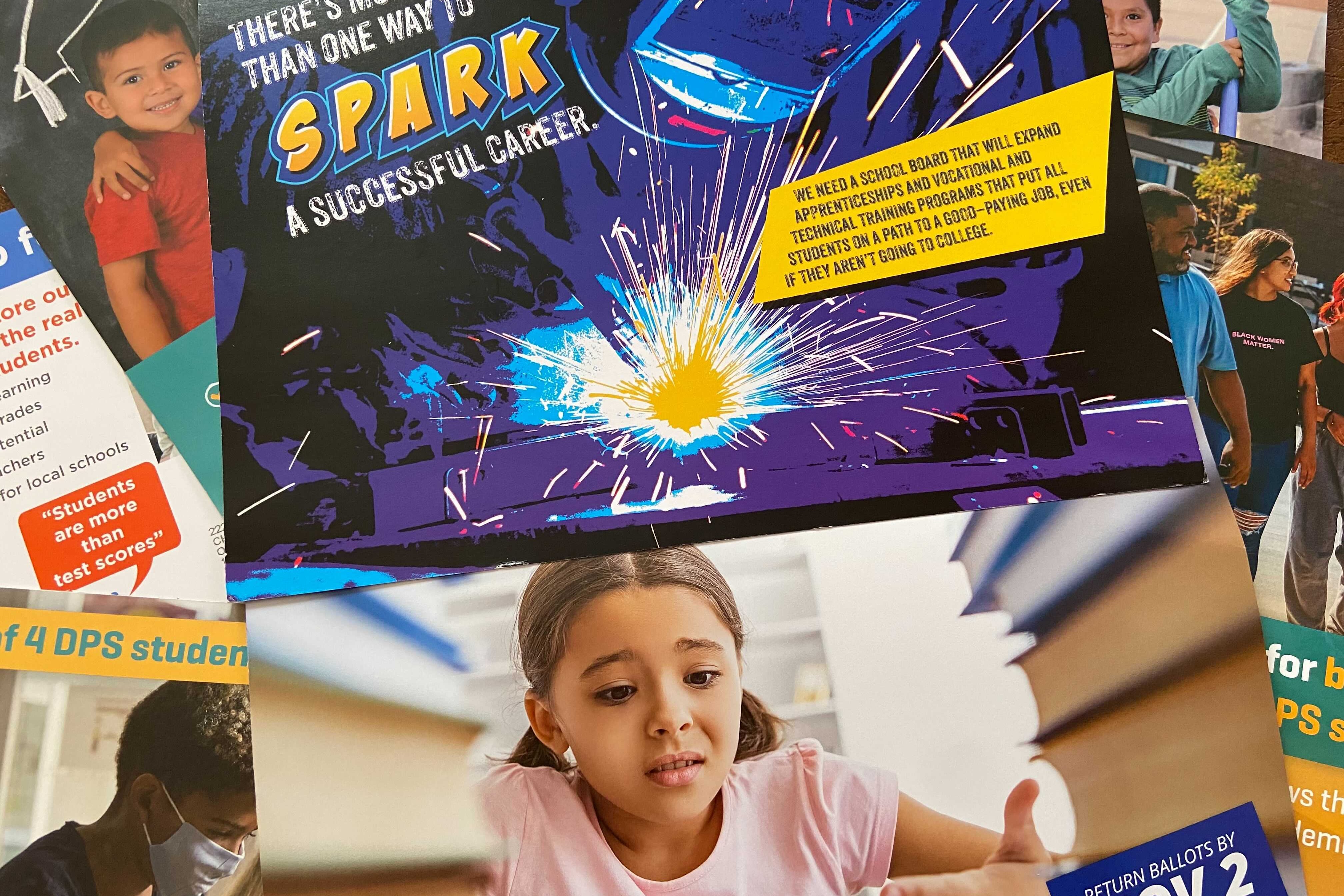 A collage of Denver school board campaign mailers.