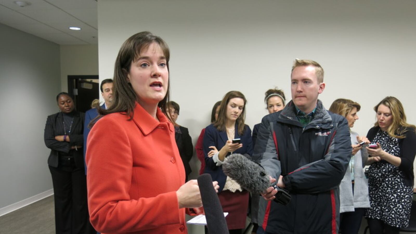 Tennessee Education Commissioner Candice McQueen speaks with reporters on Feb. 9, 2016, after technical problems halted the state's new online assessment called TNReady.