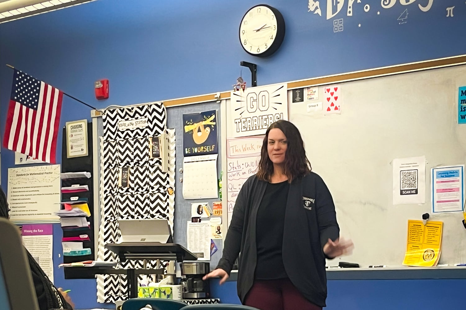 A woman with medium length brown hair stands in front of a classroom. There is a whiteboard with posters in the background.