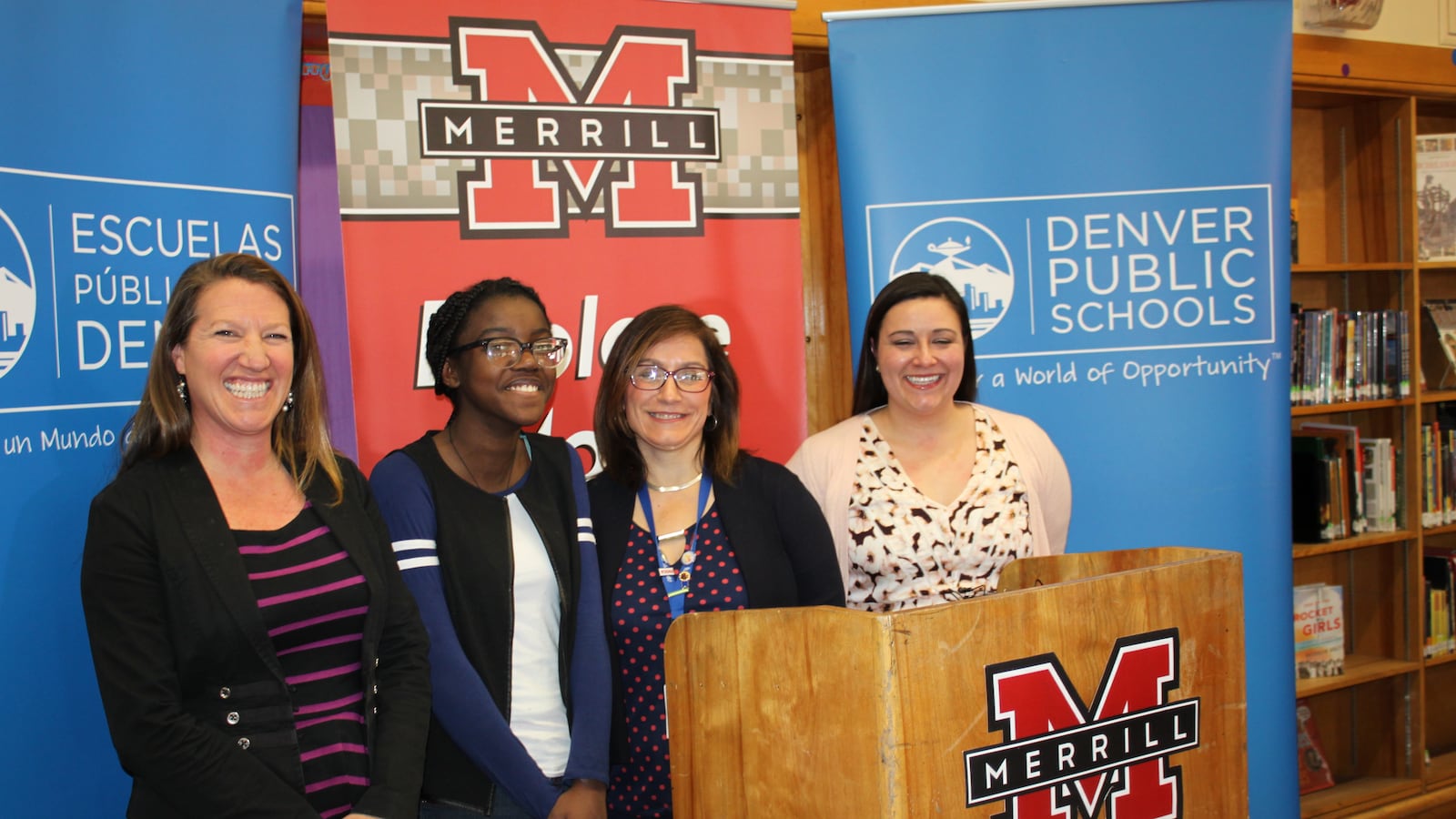 Parent Becky Wiggins and student Jael Iyema joined Susana Cordova, DPS deputy superintendent and Christina Sylvester, principal of Merrill Middle School for a press event about school choice.
