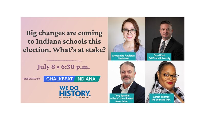 An event poster with four portraits in a grid next to a block of words on a colorful background.