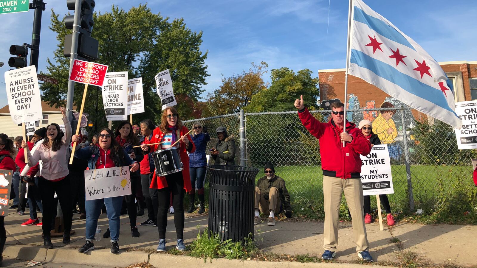 Teachers protesting at Suder Montessori  Elementary Magnet School on the second day of the Chicago teacher strike in October.