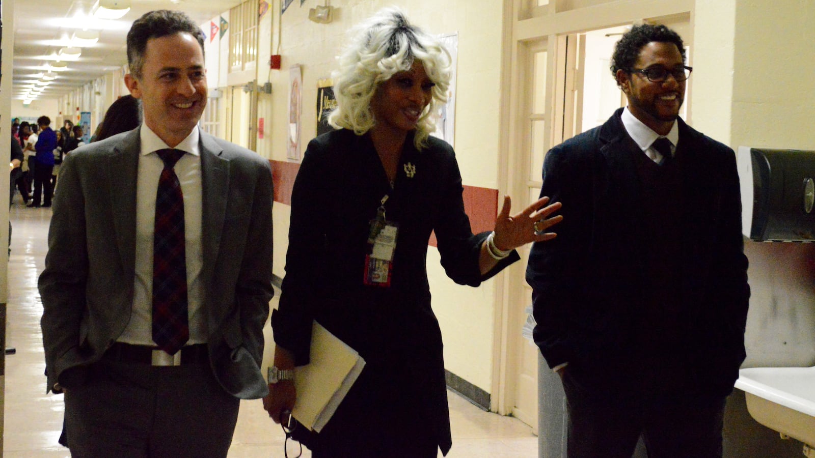 Shelby County Schools Innovation Zone superintendent Sharon Griffin is flanked by Jason Kamras and Gene Pickard, leaders with the District of Columbia Public Schools, during a Wednesday tour of Cherokee Elementary School in Memphis.