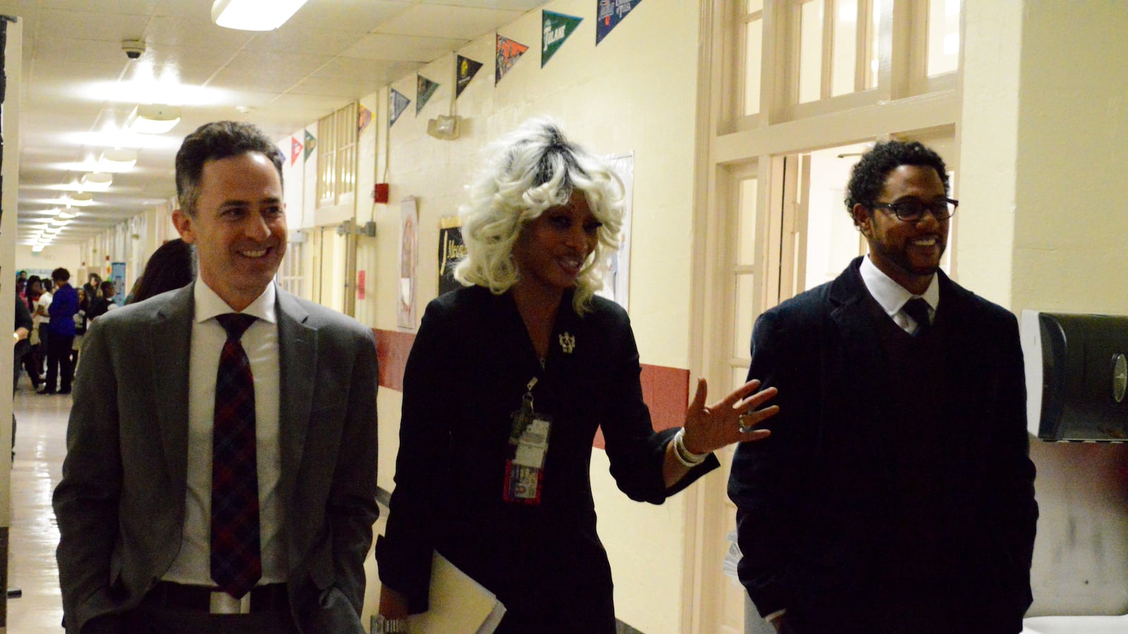 Shelby County Schools Innovation Zone superintendent Sharon Griffin is flanked by Jason Kamras and Gene Pickard, leaders with the District of Columbia Public Schools, during a Wednesday tour of Cherokee Elementary School in Memphis.
