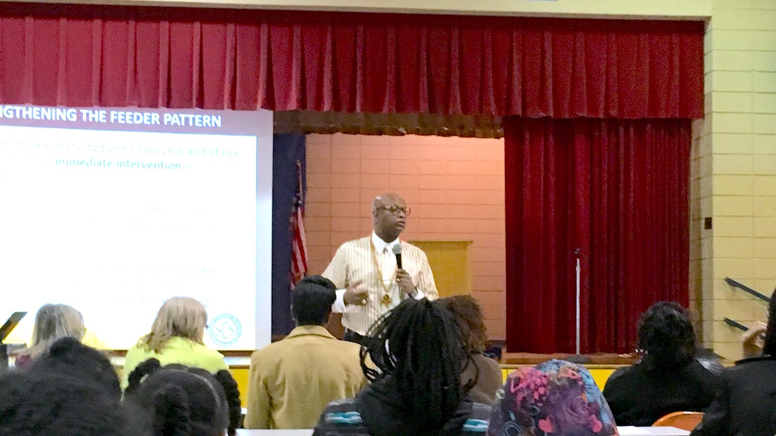 Vincent Hunter, principal of Whitehaven High School and leader of the Empowerment Zone, addressed Manor Lake Elementary parents in March 2018 about upcoming changes.