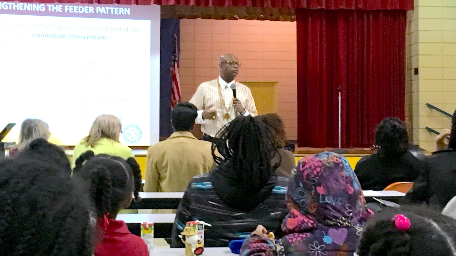 Vincent Hunter, principal of Whitehaven High School and leader of the Empowerment Zone, addressed Manor Lake Elementary parents in March 2018 about upcoming changes.