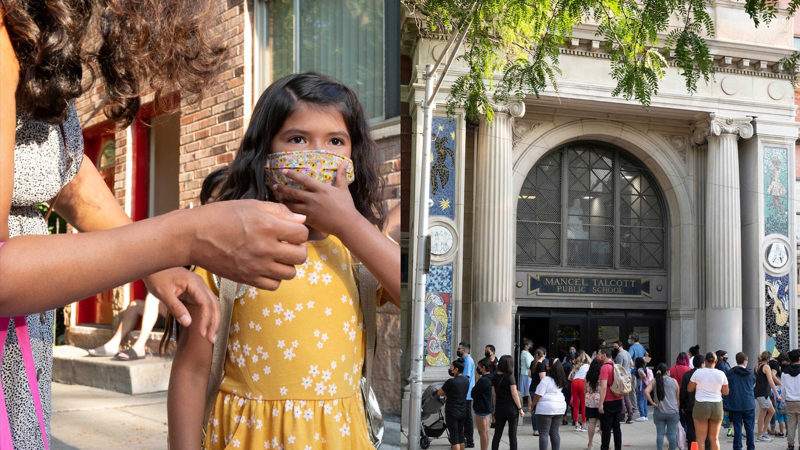 (Left) A mother helps her daughter, who is wearing a yellow dress and protective mask, prepare to head to school on their first day. (Right) Parents wait outside of the entrance of a large school with columns out front as their children enter for their first day.