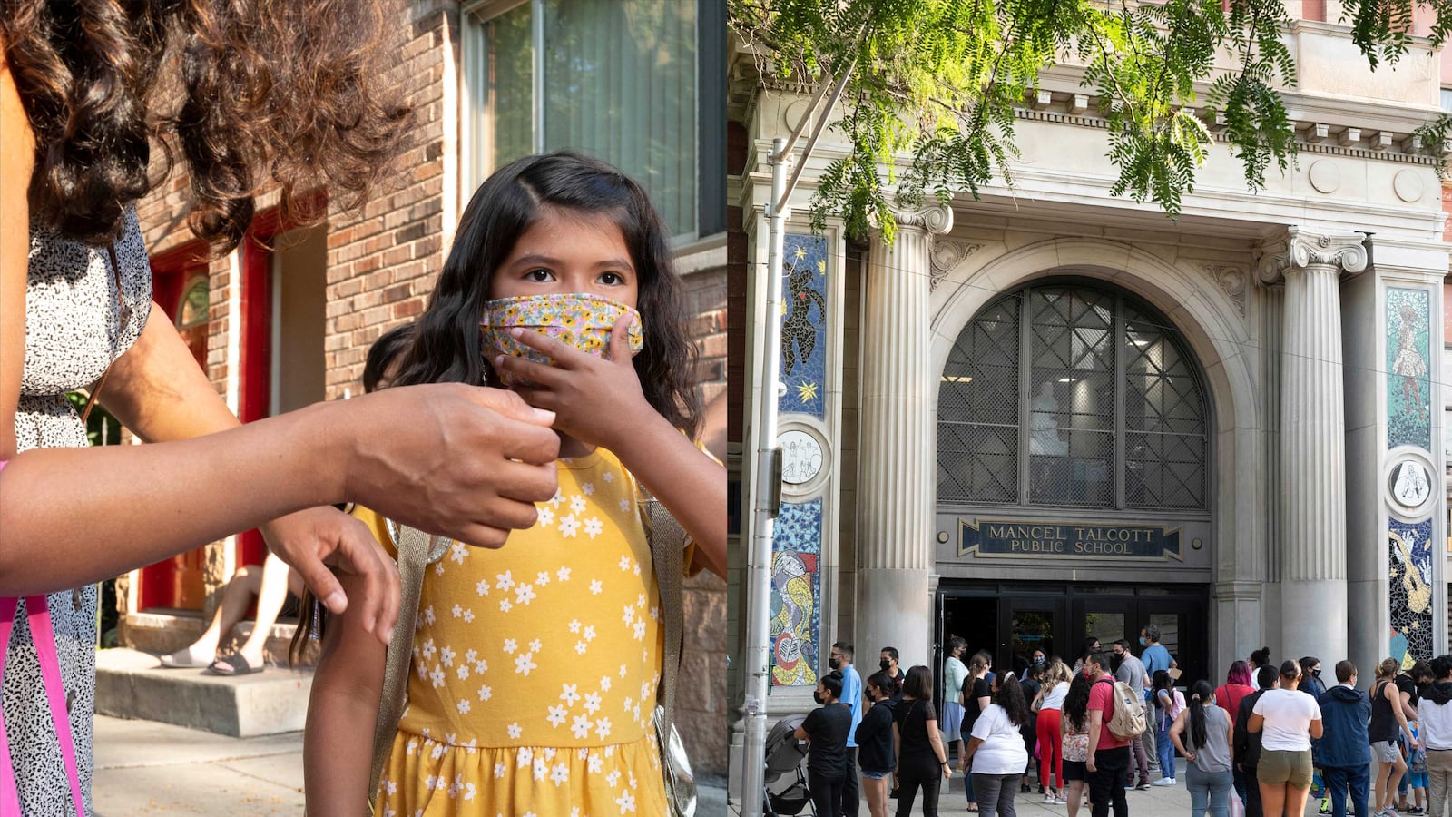 (Left) A mother helps her daughter, who is wearing a yellow dress and protective mask, prepare to head to school on their first day. (Right) Parents wait outside of the entrance of a large school with columns out front as their children enter for their first day.