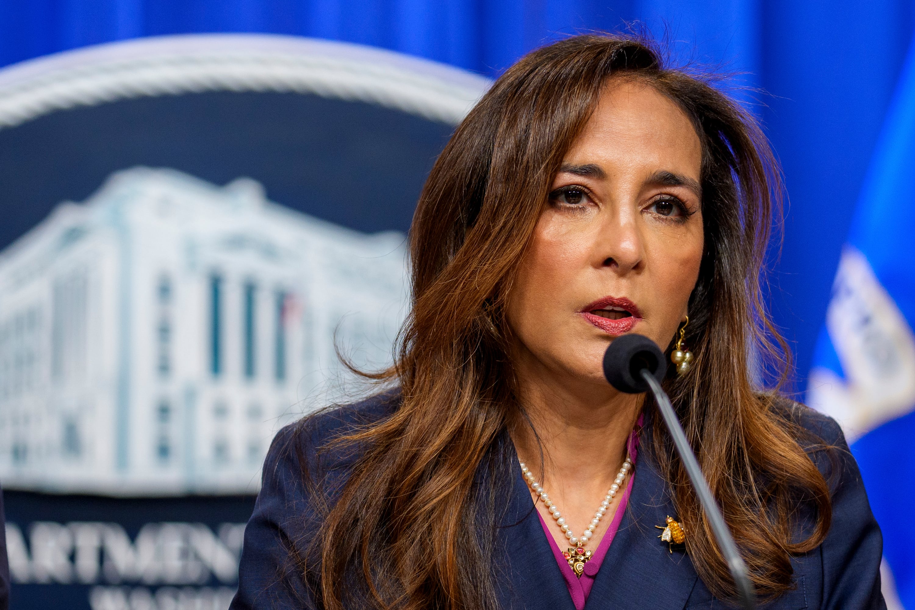 A photograph of a dark-skinned woman speaking to a microphone.